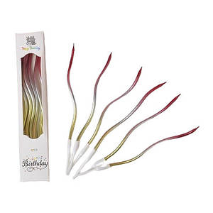 Свічки для торта "Хвилясті" 6 шт. ОМБРЕ металік золото з червоним