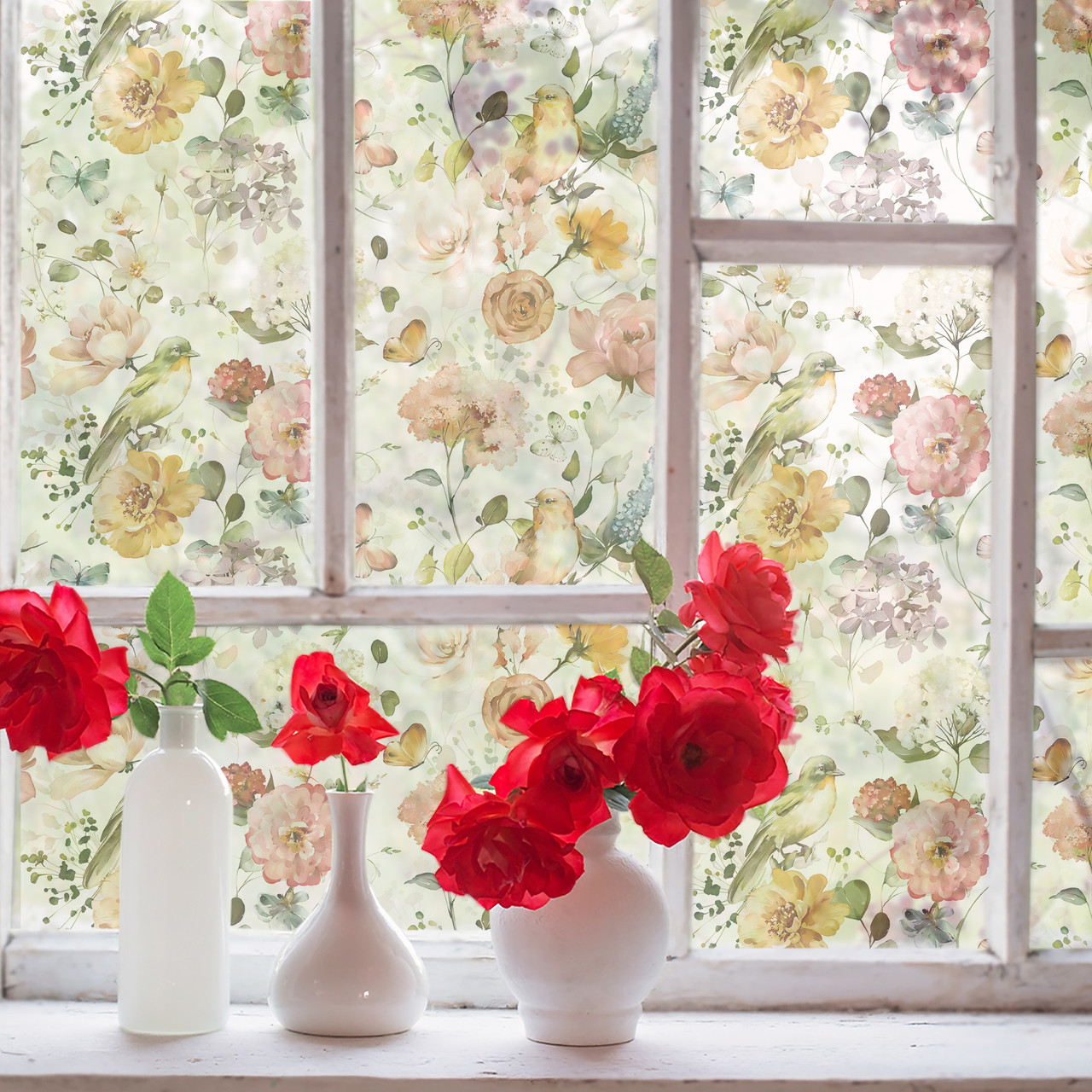 Матирующая ПВХ плівка для вікна дзеркала Акварельні квіти Троянди самоклеюча захисна напівпрозора 1 пог.м