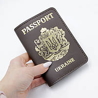 Обложка на паспорт кожаная "Passport Ukraine" коричневая с золотистой гравировкой