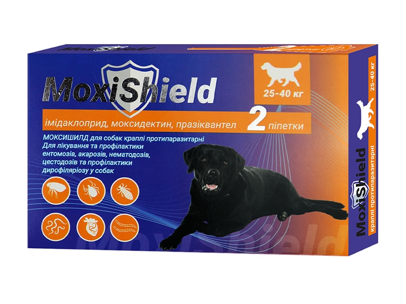 MoxiShield краплі на холку для собак від кліщів, бліх та гельмінтів вагою 25-40 кг, 2 х,4,5 мл 9 г (2піп)