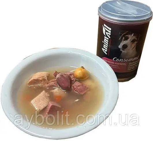 Вологий корм для собак AnimAll Консоме з качкою, куркою, курячим серцем і курячим жовтком 375 г (4820224501734)