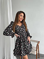 Стильна жіноча легка ошатна базова приталена сукня квітковий принт софт довгий рукав ліхтарик