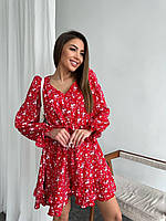 Стильное женское легкое нарядное базовое приталенное платье цветочный принт софт длинный рукав фонарик Красный, 42/44
