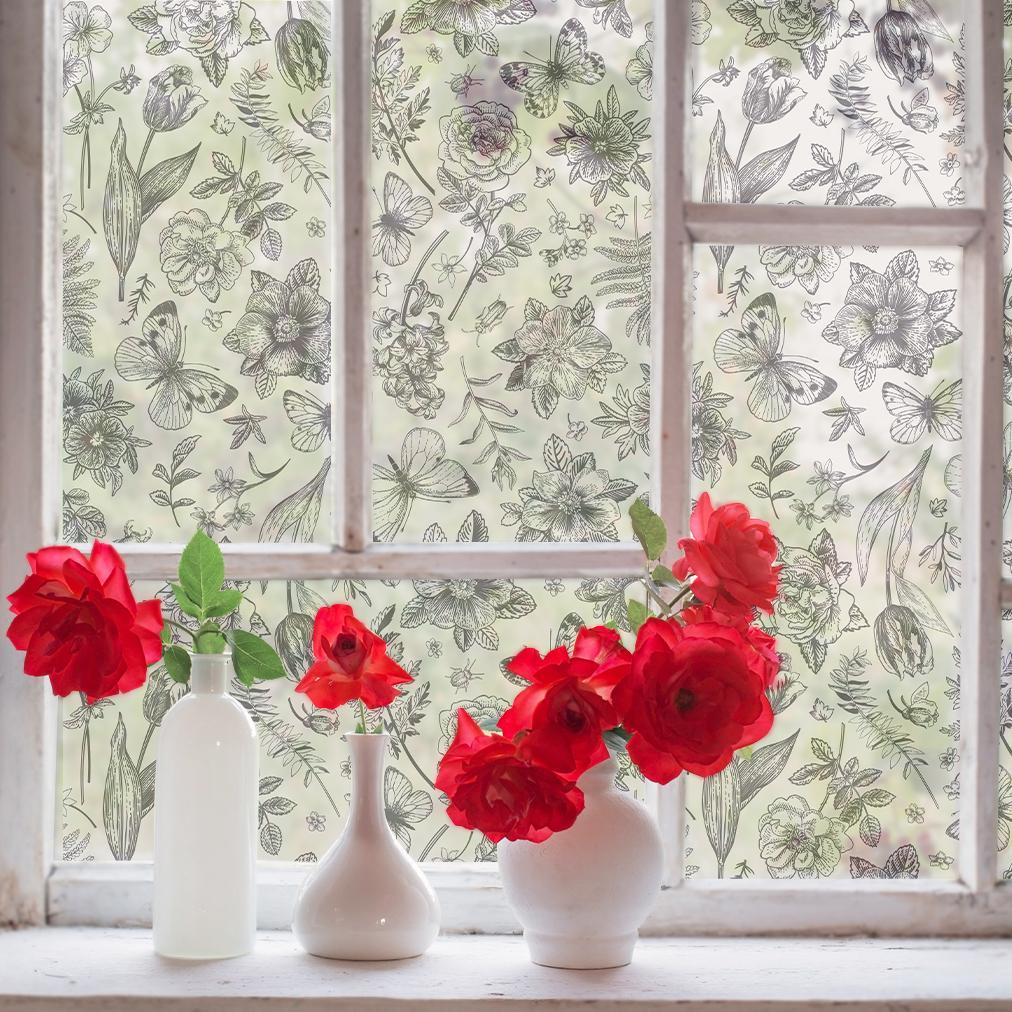 Вітражна плівка на скло самоклеюча Весняні квіти Метелики наклейки на вікна метелика бабки ПВХ плівка 1 пог.м