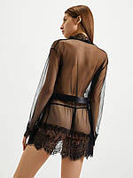 Прозрачный сексуальный женский халат Sabrina, Легкий кружевной короткий халат со стрингами Черный, XL