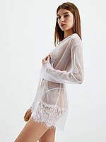 Прозрачный сексуальный женский халат Sabrina, Легкий кружевной короткий халат со стрингами Белый, M