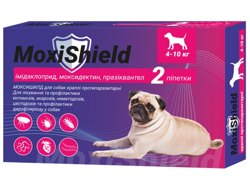 MoxiShield краплі на холку для собак від кліщів, бліх та гельмінтів вагою 4-10 кг, 2 х,1,2 мл 2 г (2піп)