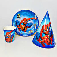 Набор посуды для праздника на 10 персон Человек-Паук Синий Тарелки, стаканчики и колпаки