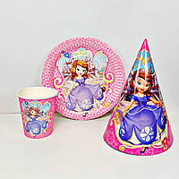 Набор посуды для праздника на 10 персон Принцесса София Розовый Тарелки, стаканчики и колпаки