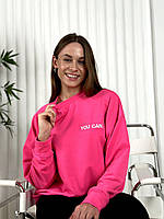 Жіночий світшот оверсайз вільного крою з двонитки з написом "You can" малина 78968, фото 2
