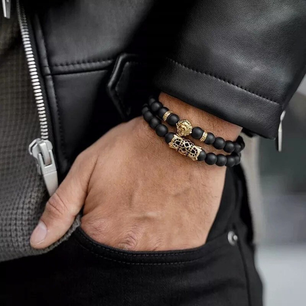Мужские браслеты из натуральных камней со львом из агата (комплект) черные FDS - фото 1 - id-p2136620450