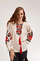 Женская вышиванка "Рута" бежевая с красным орнаментом, льняная вышитая блуза в украинском стиле