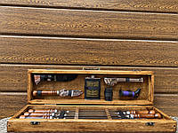 Подарочный набор в деревянном кейсе шампура 6 шт, охотничий нож, вилка, фляга, стопки, зажигалка, щипцы N-1