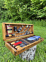 Подарочный набор в деревянном кейсе шампура 8 шт, охотничий нож, вилка, фляга, стопки, зажигалка, щипцы N-3