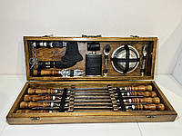 Подарочный набор в деревянном кейсе шампура 8 шт, охотничий нож, вилка, фляга, стопки, зажигалка, щипцы N-6