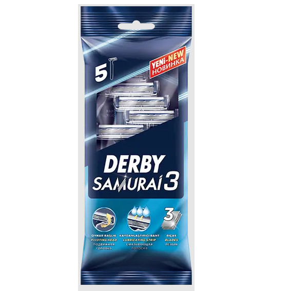 Одноразові станки з потрійним лезом Derby Samurai 3, 5 шт, фото 1