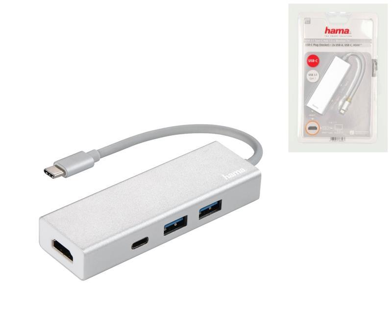 HAMA USB-C хаб Aluminium 2x USB-A, USB-C, HDMI Silver