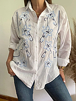 Женская рубашка вышиванка на пуговицах, стильная белая рубашка с голубой вышивкой крестиком