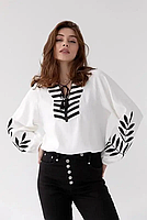 Женская блузка вышиванка, стильная блузка в этно стиле с длинным рукавом вышитая гладью