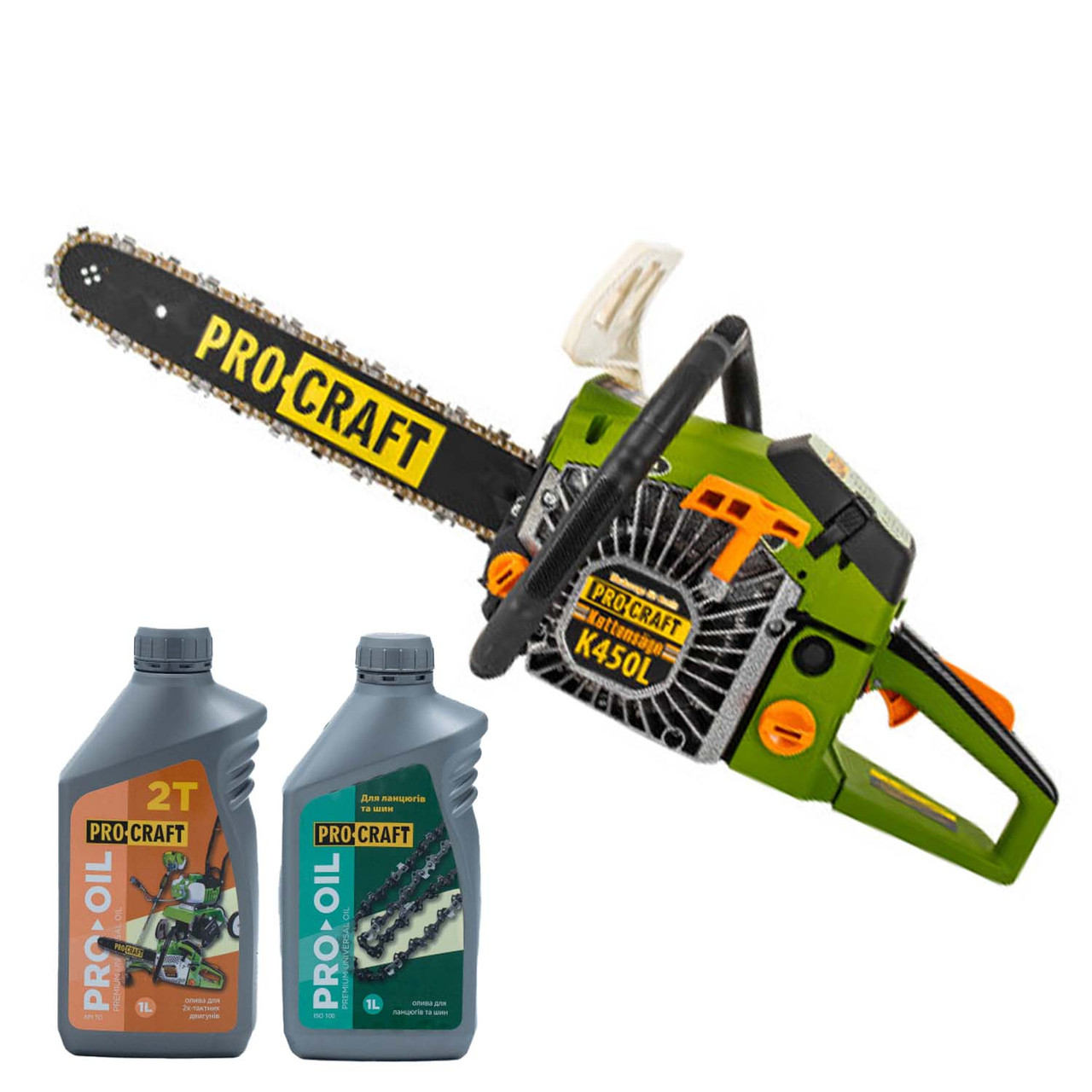 Бензопила Procraft K450L, Олива Procraft для ланцюга 1л, Олива Procraft моторна 2-тактна 1л, Мотопила Прокрафт