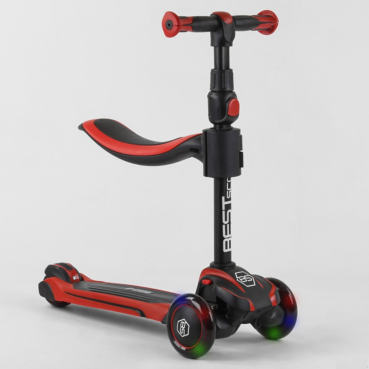 Дитячий самокат із сидінням для хлопчика дівчинки Best Scooter JS-10711 Чорний / Червоний Самокат триколісний