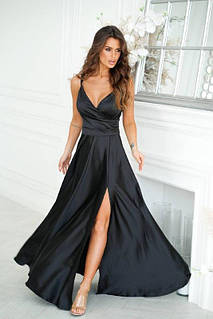 Ніжна атласна сукня з розрізом на нозі Афродита чорний
