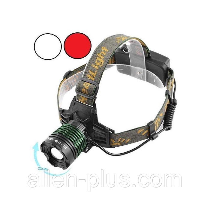 Фонарь аккумуляторный налобный BL-2188-XPE+XPE(RED), (zoom, 2х18650, красный + белый свет)