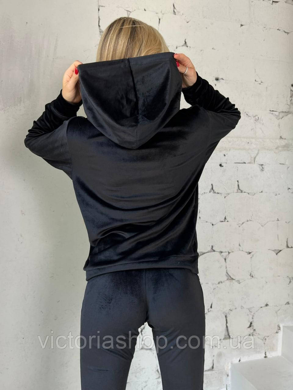Женский спортивный велюровый велюровый костюм-двойка: худи с капюшоном и штаны (черный, графит, синий зеленый) - фото 7 - id-p2136836297