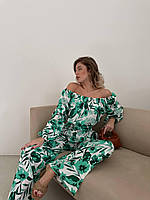 Женский трендовый яркий красивый нарядный стильный костюм с принтом топ и штаны (4 цвета, 2 размера) Зеленый, 42/46