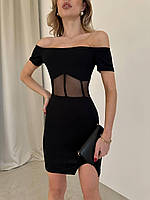 Женское стильное красивое классическое модное вечернее чёрное платье с сеточкой имитацией корсета
