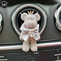Автомобильный ароматизатор в авто в машину Bear Мишка Медведь с короной и стразами серебристый