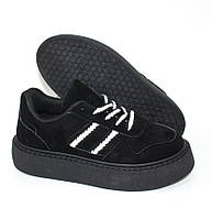 Замшеві весняні кросівки чорні на товстій підошві з текстильною підкладкою