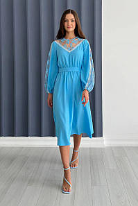 Сукня міді жіноча літня з мереживом блакитне  3514-01