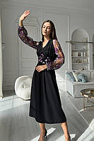 Платье миди женское черное с длинным кружевным рукавом 3515-01