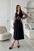 Платье миди женское черное с длинным кружевным рукавом 3515-01 M