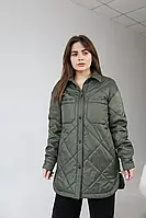 Весенняя стеганая куртка цвета хаки на эко-пухе с отложным воротником, больших размеров от 42 до 54