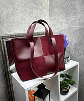 Женская сумка шоппер большая стильная бордовая натуральная замша+кожзам