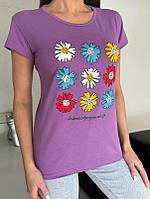 Сиреневая хлопковая футболка с цветным цветочным рисунком размер M