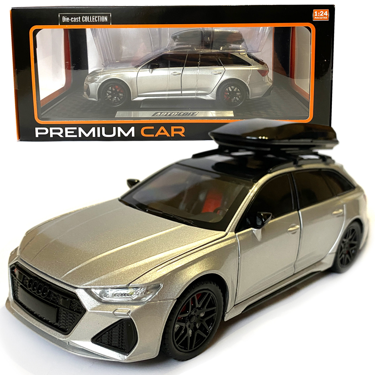 Машинка металева Audi RS6 ауді срібна 1:24 світло інерція відкриваються двері багажник капот багажник резина колеса 21*8*8см, фото 1