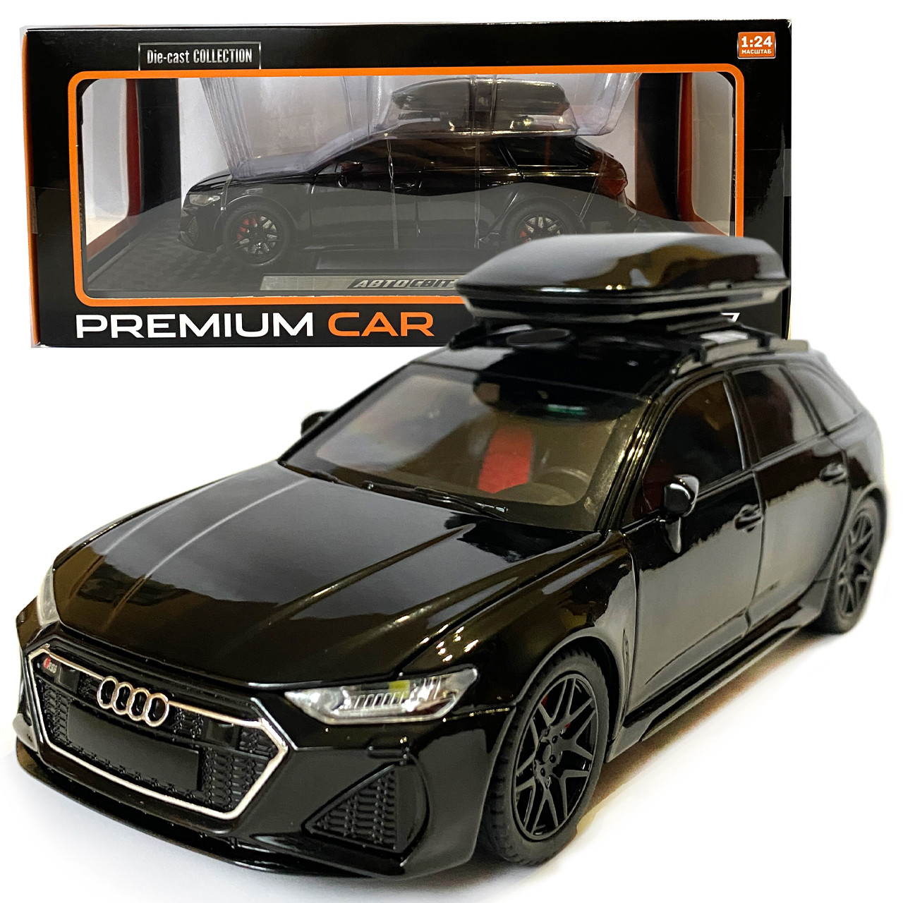 Машинка металева Audi RS6 ауді чорна 1:24 світло інерція відкриваються двері багажник капот багажник резина колеса 21*8*8см, фото 1