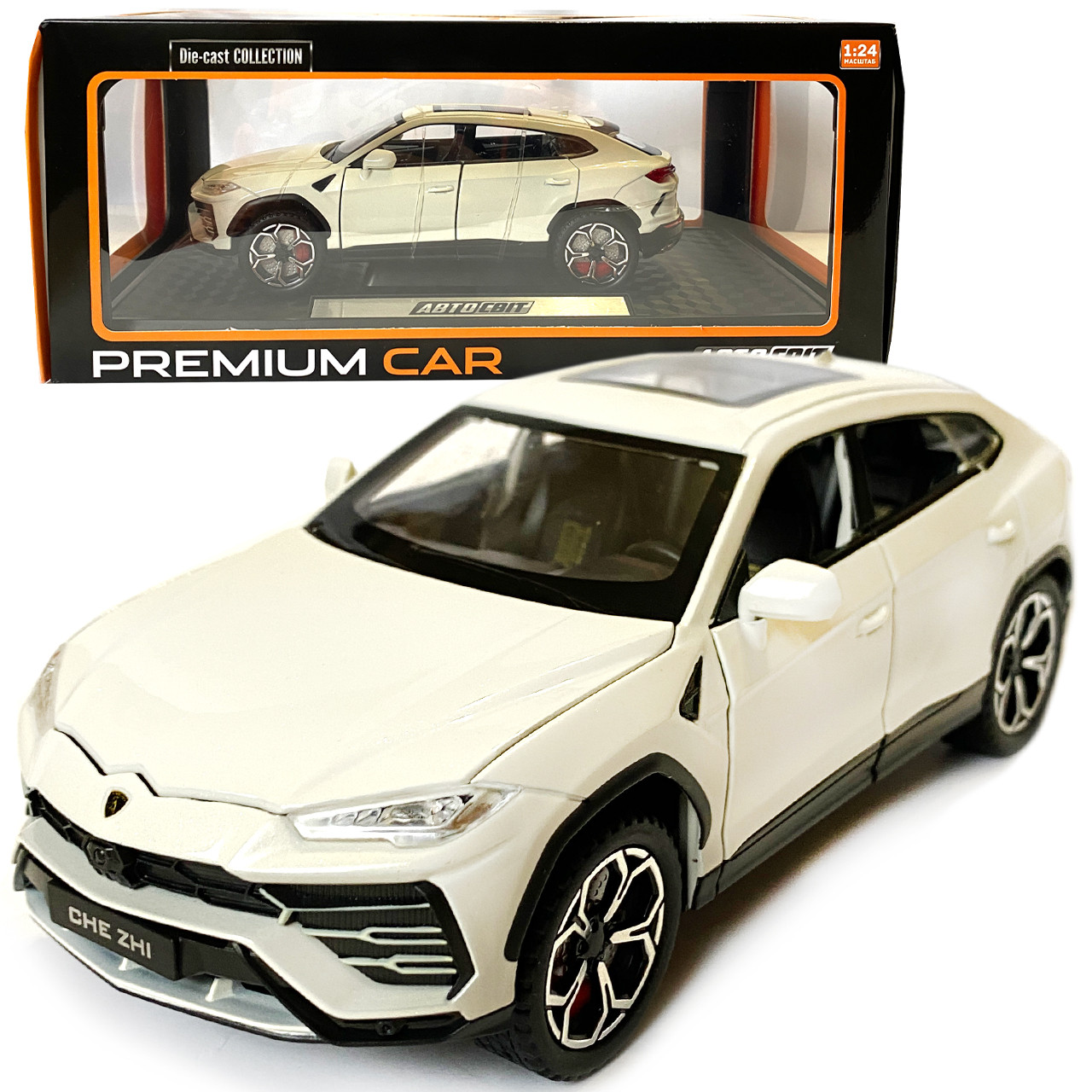 Машинка металева Lamborghini Urus Ламборгіні Урус біла 1:24 звук світло інерція відкриваються двері багажник капот багажник резина, фото 1