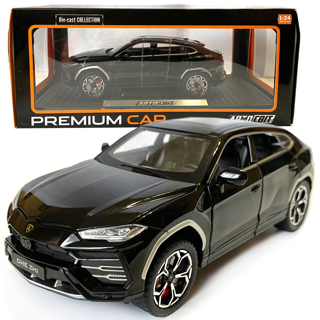 Машинка металева Lamborghini Urus Ламборгіні Урус чорна 1:24 звук світло інерція відкриваються двері багажник капот багажник, фото 1