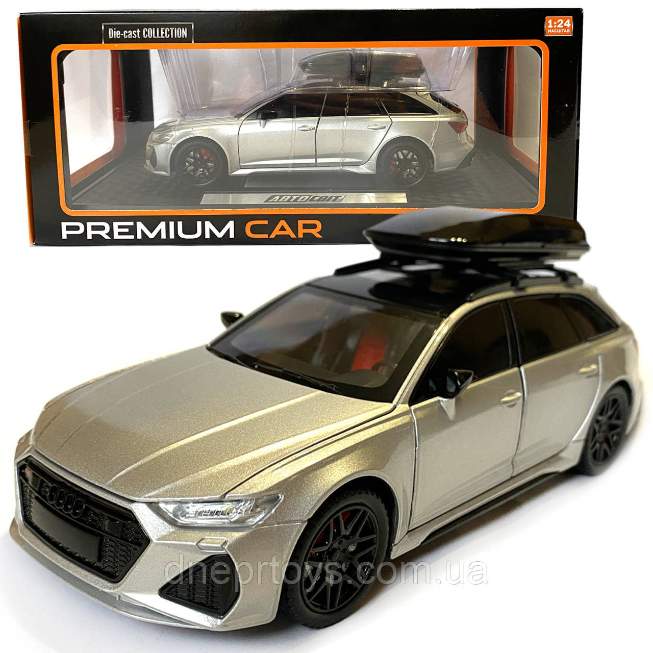 Машинка металева Audi RS6 ауді срібна 1:24 світло інерція відкриваються двері багажник капот багажник резина колеса 21*8*8см