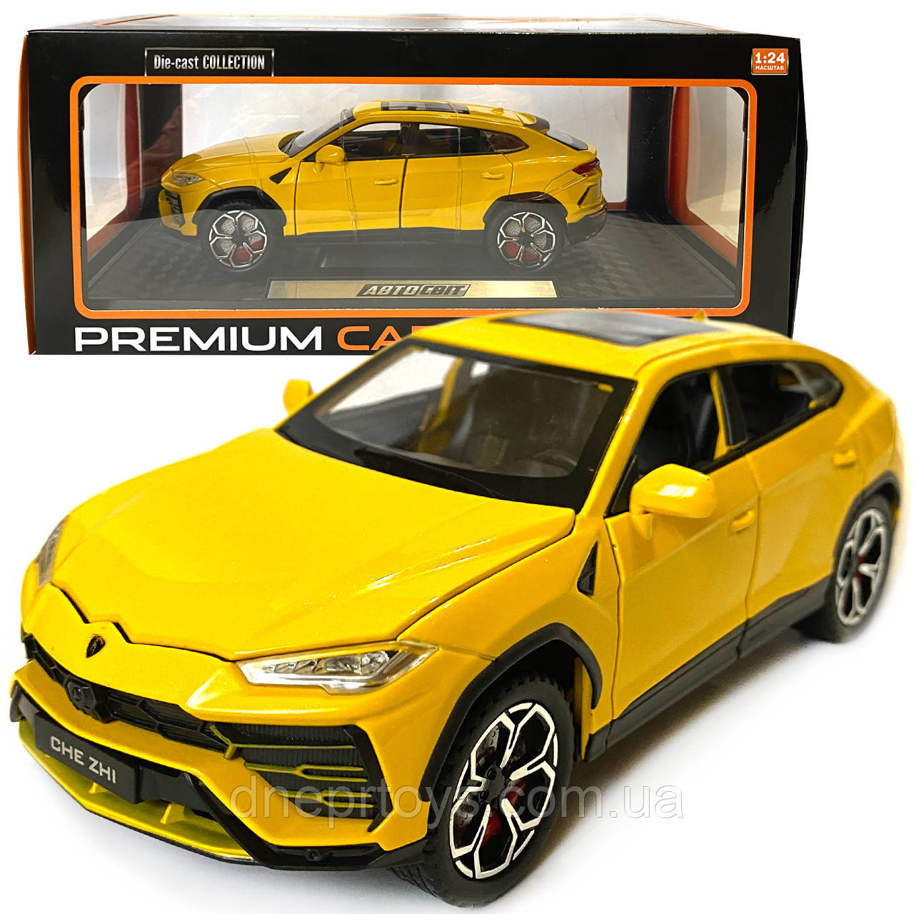 Машинка металева Lamborghini Urus Ламборгіні Урус жовта 1:24 звук світло інерція відкриваються двері багажник капот багажник
