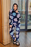 Теплая женская пижама с капюшоном (р.42/44, 50-56) синяя 54/56