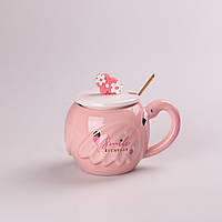Чашка керамическая 500 мл Фламинго с крышкой и ложкой Smile VT_33