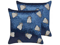 Набор из 2 бархатных подушек с вышивкой, мотив «мухи», 45 x 45 см, темно-синий PENTAS