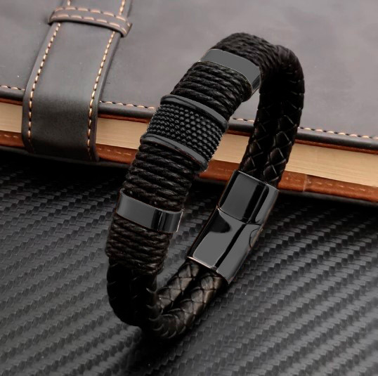Браслет чоловічий шкіряний AVALON ALL BLACK чорний плетений 17-19 см