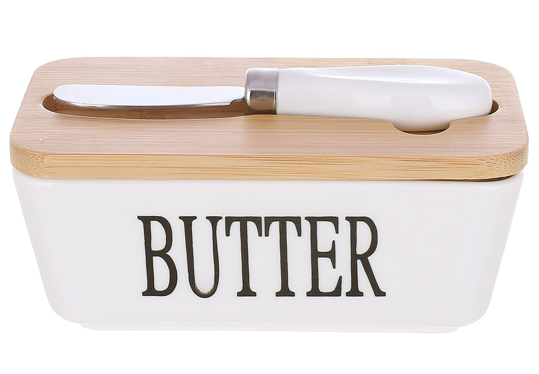 Маслянка порцелянова з бамбуковою кришкою та ножем для масла Butter 15*8.5*7.5см
