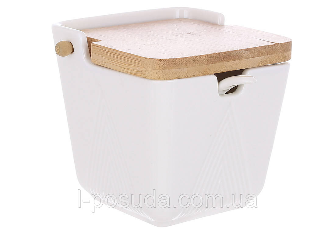 Цукорниця порцелянова з ложкою та бамбуковою кришкою , 350 мл, фото 1